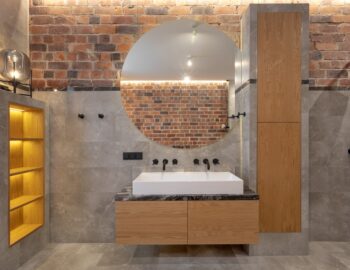 Contemporary interior design of cozy bathroom with shower in apartment