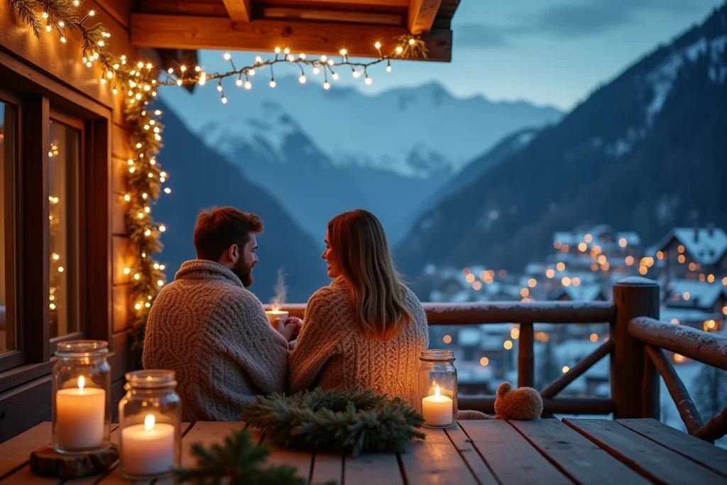 Couple sur une terrasse de chalet alpin décorée de lanternes et guirlandes lumineuses de Noël avec vue sur la vallée enneigée