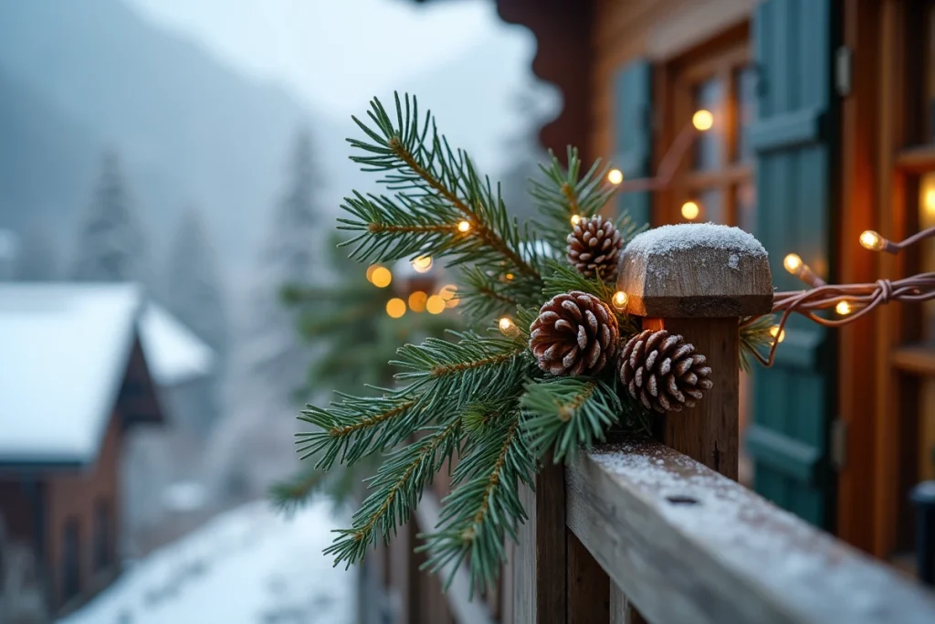 Détail de balustrade en bois de chalet avec branches de sapin, pommes de pin et guirlandes lumineuses cuivrées pour Noël