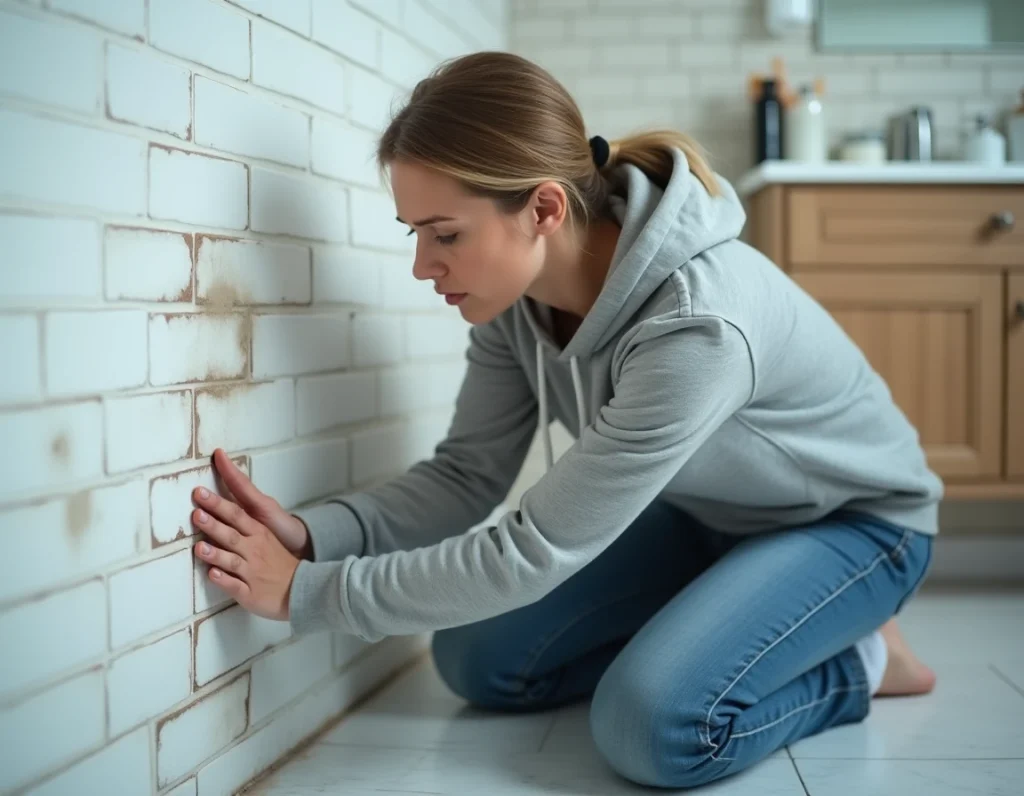 Femme examinant un raccord de tuyau qui fuit dans une salle de bain avec des traces d'humidité sur les carreaux