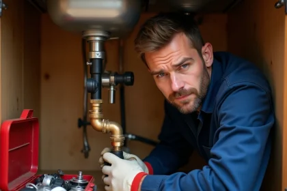 Plombier installant un raccord étanche sous un évier de cuisine avec des outils et des raccords PVC