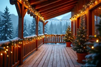 Terrasse de chalet de montagne décorée de guirlandes lumineuses blanches pour Noël avec neige fraîche et sapins en pot