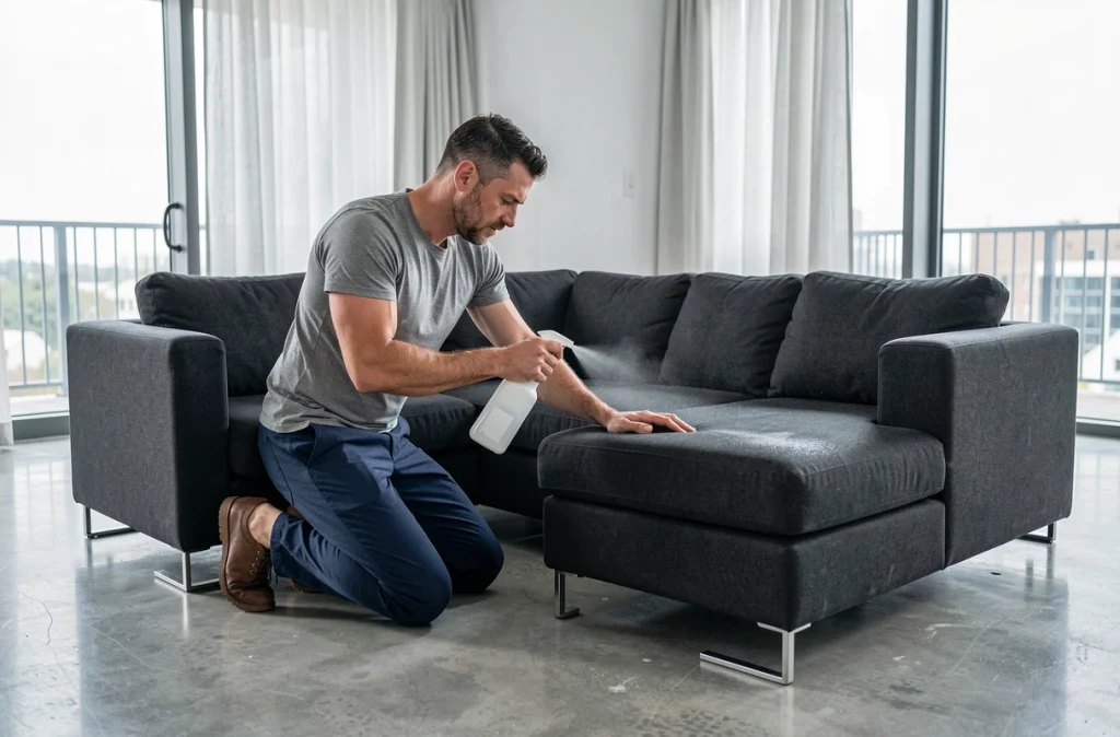 Homme appliquant un spray protecteur sur un grand canapé d'angle en tissu gris anthracite