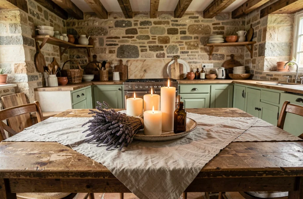 Table rustique avec un assortiment de vraies bougies à flamme et d'une bougie LED sans flamme dans une cuisine de campagne française