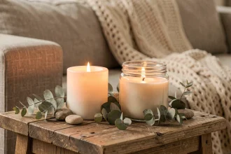 Comparaison entre une bougie à fausse flamme LED et une vraie bougie parfumée posées sur une table en bois dans un salon cosy
