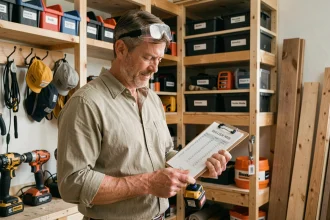 Bricoleur expérimenté consultant une liste de sécurité dans un atelier maison bien organisé