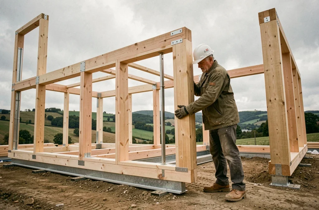Ouvrier guidant l'assemblage d'un panneau en bois préfabriqué sur un chantier de maison modulaire écologique