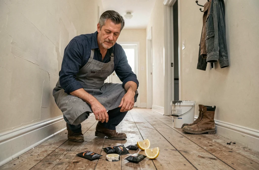 Homme plaçant du charbon actif et des citrons coupés dans un couloir d'appartement pour absorber les odeurs de peinture fraîche