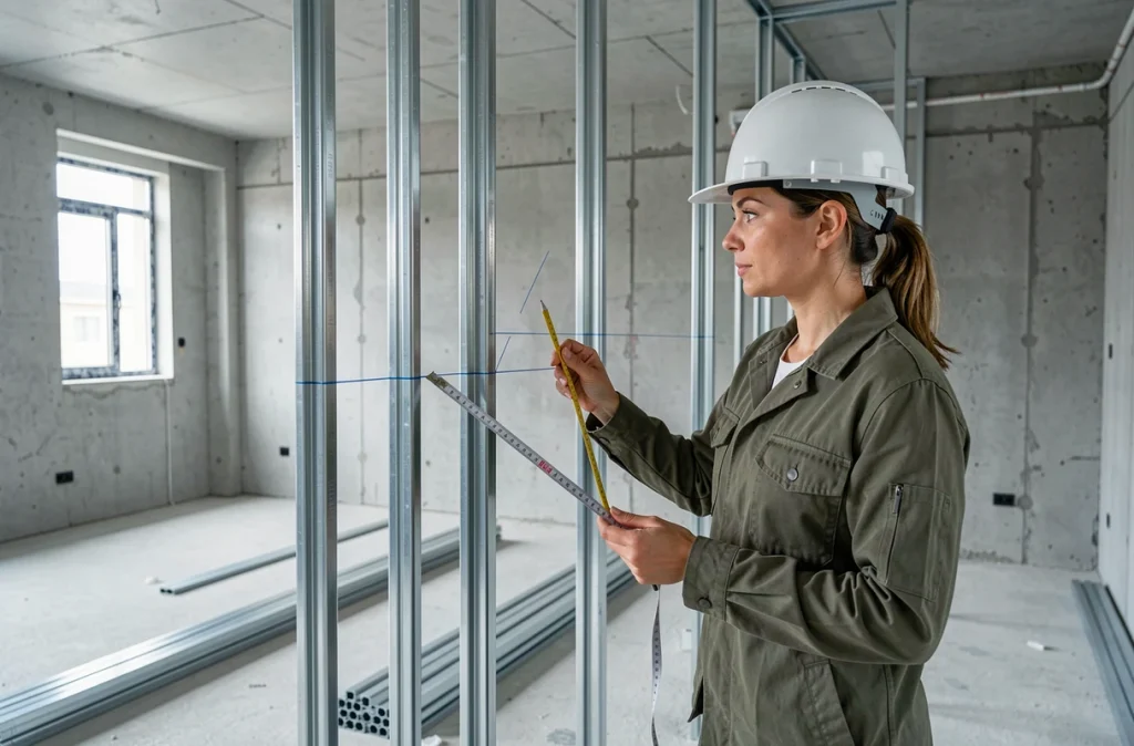 Professionnelle du bâtiment inspectant une ossature métallique de cloison demi-stil dans un appartement neuf en construction