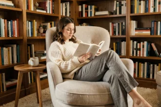 Femme lisant un livre dans un fauteuil confortable aménagé en coin lecture dans un salon chaleureux avec bibliothèque en bois