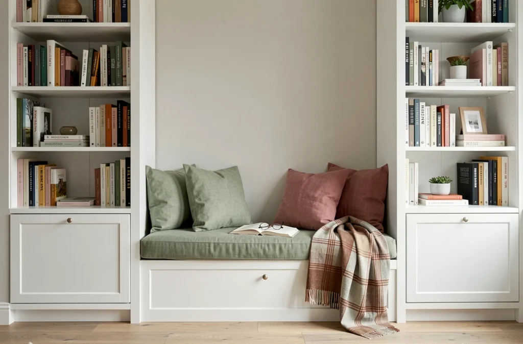 Coin lecture intégré entre deux bibliothèques dans un salon scandinave avec coussins et couverture en laine, ambiance cosy sans personnage