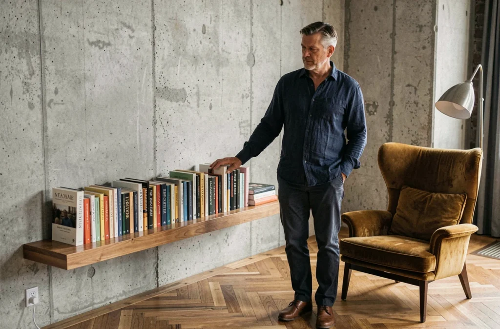 Homme consultant sa bibliothèque murale dans un coin lecture moderne et design avec fauteuil velours moutarde dans un appartement urbain