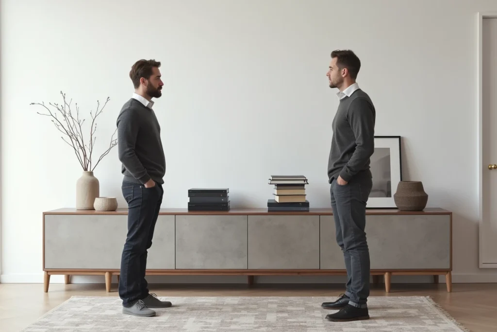 Homme comparant deux modèles de book stacker dans un salon scandinave minimaliste