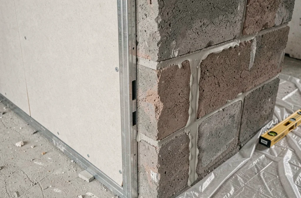 Comparaison côte à côte du doublage collé et de la cloison demi-stil sur un chantier de rénovation montrant les deux techniques de pose