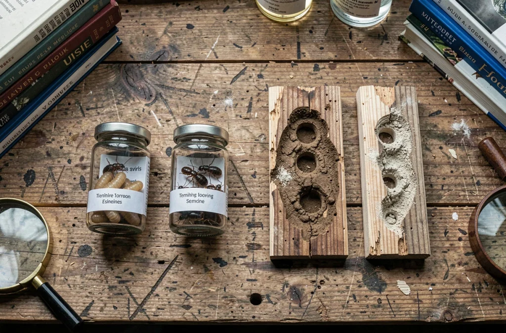 Comparaison côte à côte de dégâts causés par la mite du bois et les termites avec des échantillons de bois et des spécimens en bocaux sur un établi