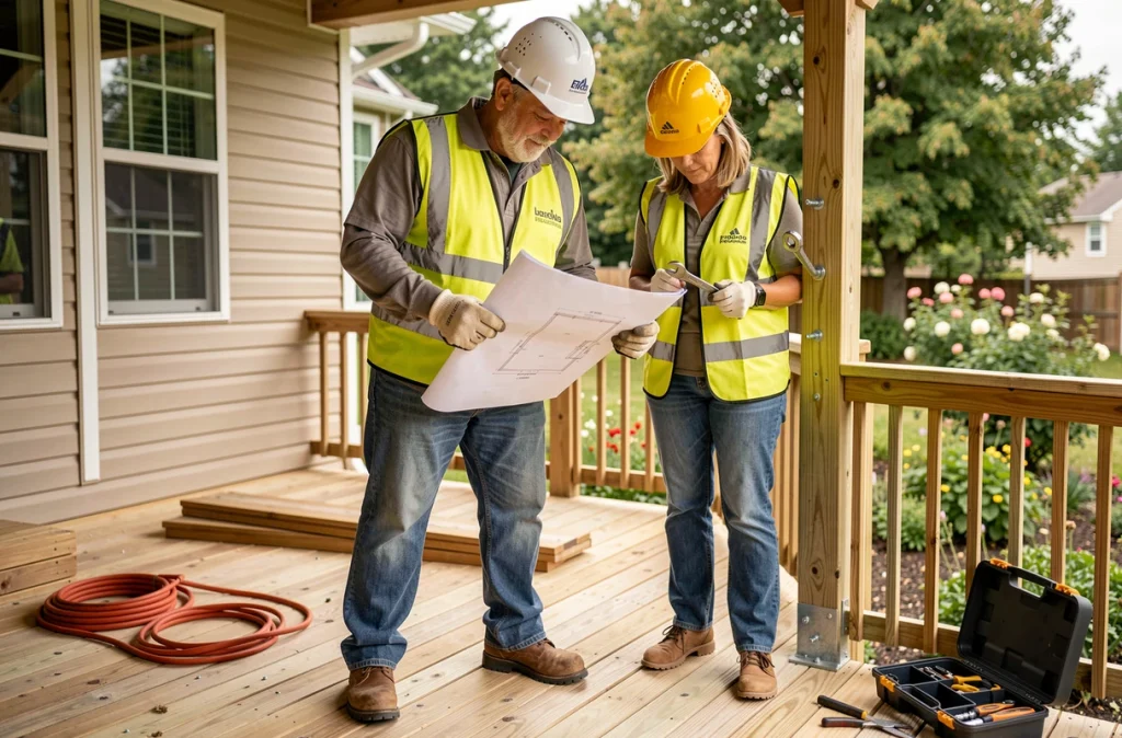 Couple de bricoleurs équipés en sécurité travaillant sur une terrasse en bois en construction