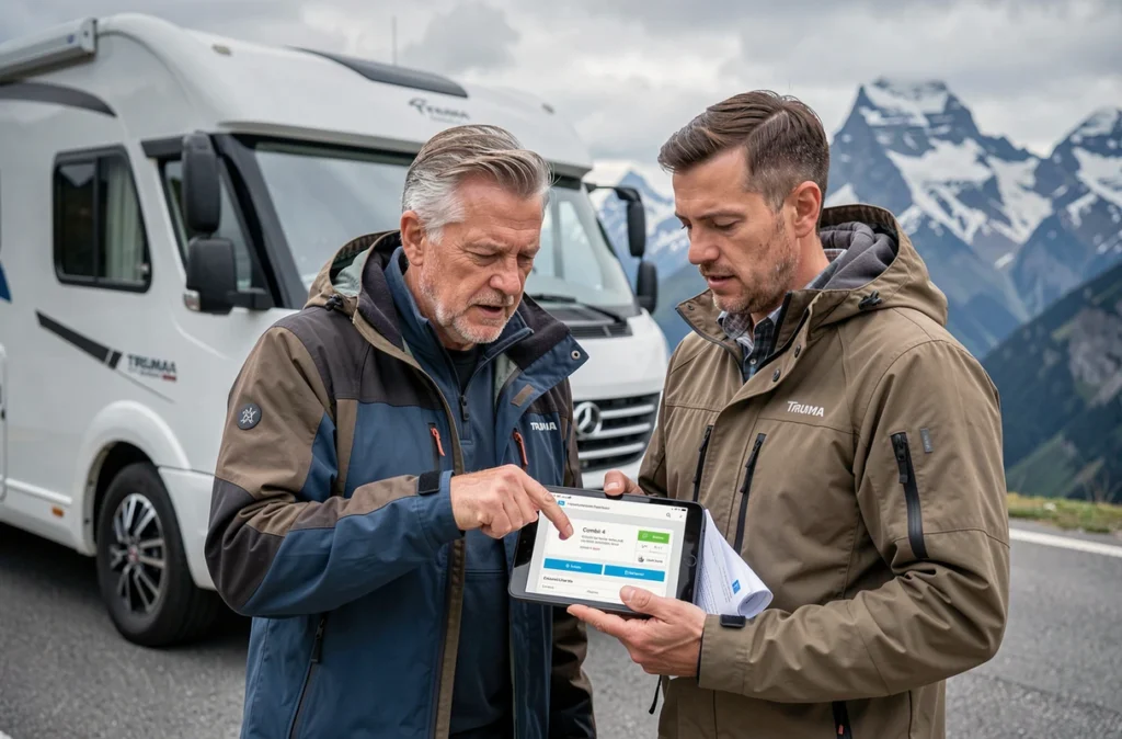 Couple en road trip consultant les codes erreur Truma Combi 4 sur tablette devant un camping-car en montagne