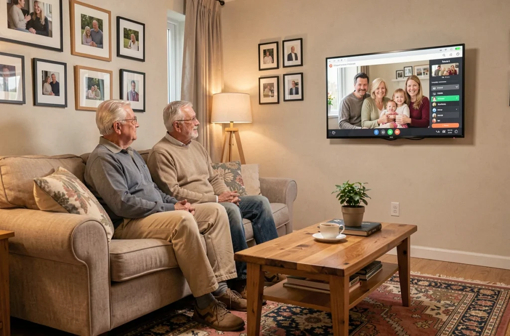 Couple de seniors en vidéo appel avec leur famille via un écran connecté mural dans leur salon, restant liés et autonomes