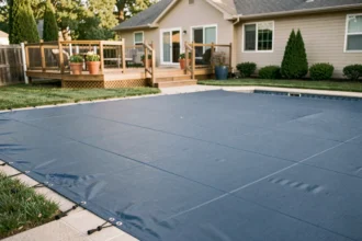 Piscine résidentielle recouverte d'une couverture solaire bleue dans un jardin bien entretenu