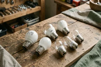 Différents culots de petites ampoules E14, E27 et G9 disposés sur une surface en bois, montrant leurs bases métalliques en détail