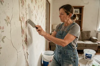 Femme décollant du papier peint fleuri sur un mur en plâtre fragile avec une spatule plastique