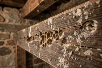 Galeries creusées dans une poutre en bois ancien, signe typique de dégâts causés par des insectes xylophages comme la mite du bois ou les termites