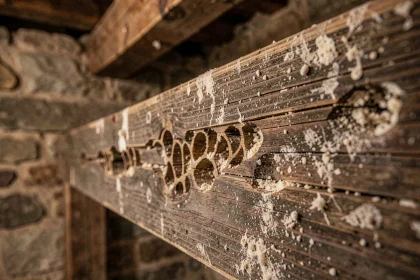 Galeries creusées dans une poutre en bois ancien, signe typique de dégâts causés par des insectes xylophages comme la mite du bois ou les termites