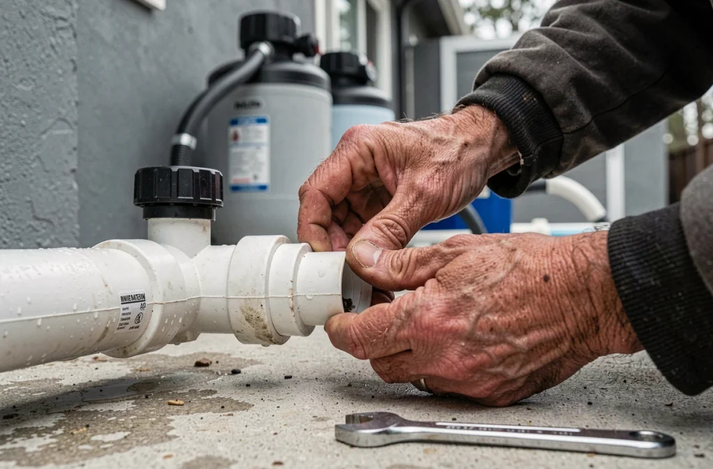 Gros plan sur des mains déconnectant les raccords d'une pompe de piscine lors de la procédure d'hivernage