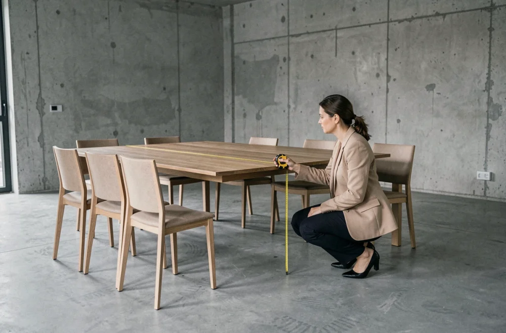 Designer d'intérieur mesurant une table extensible pour 6 personnes avec un mètre ruban dans un appartement en cours d'aménagement