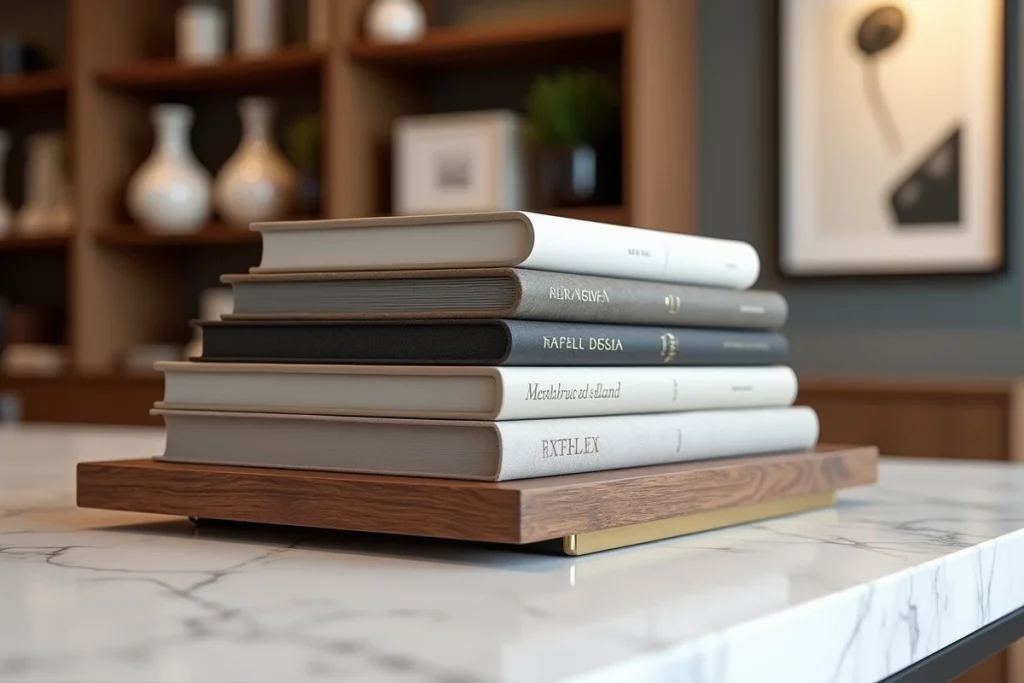 Détail d'un book stacker en bois de noyer massif avec quincaillerie en laiton sur comptoir en marbre blanc