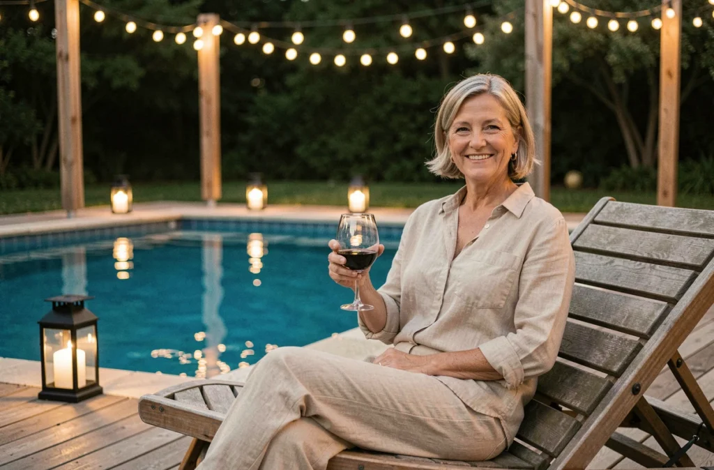Femme se relaxant au bord d'une piscine le soir entourée de lanternes solaires et guirlandes lumineuses