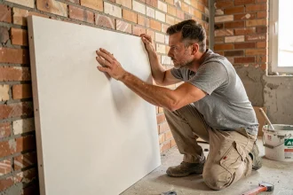 Artisan appliquant un panneau de placo par doublage collé sur un mur en briques lors d'une rénovation intérieure