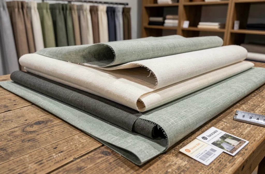 Échantillons de tissus pour rideaux thermiques avec doublure isolante et entredoublure posés sur une table en bois dans un showroom de décoration