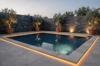 Éclairage extérieur LED autour d'une piscine moderne au crépuscule avec reflets sur l'eau