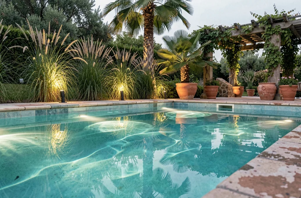 Éclairage subaquatique et spots de jardin autour d'une piscine méditerranéenne en soirée