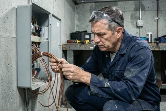 Électricien examinant des fils électriques de mauvaise section dans un tableau électrique ouvert en sous-sol