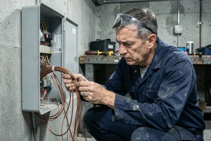 Électricien examinant des fils électriques de mauvaise section dans un tableau électrique ouvert en sous-sol