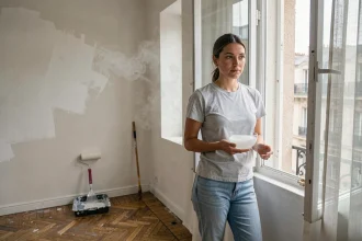 Femme ouvrant une fenêtre dans un appartement fraîchement peint pour éliminer les odeurs de peinture avec du vinaigre blanc