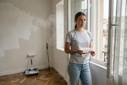 Femme ouvrant une fenêtre dans un appartement fraîchement peint pour éliminer les odeurs de peinture avec du vinaigre blanc