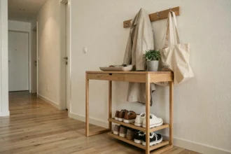 Entrée d'appartement moderne organisée avec console en bois, patère murale et rangement à chaussures compact