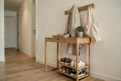 Entrée d'appartement moderne organisée avec console en bois, patère murale et rangement à chaussures compact
