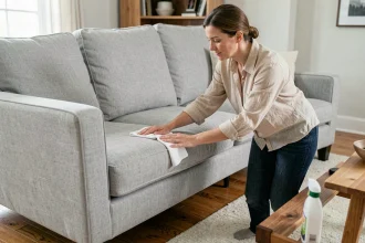 Femme entretenant un canapé en tissu gris avec un chiffon microfibre dans un salon moderne