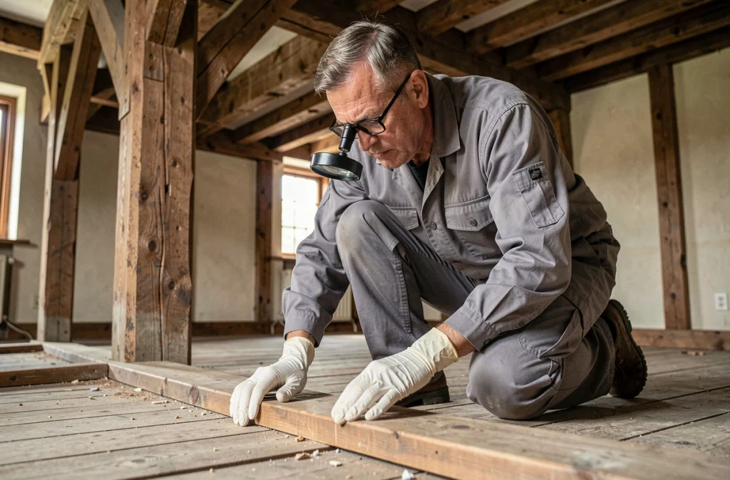 Expert en traitement du bois inspectant un plancher endommagé par des insectes xylophages dans une maison ancienne