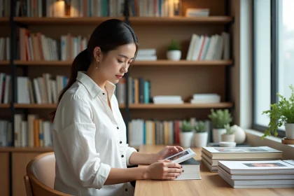 Femme inspectant un book stacker haut de gamme posé sur un bureau en chêne dans un bureau à domicile moderne