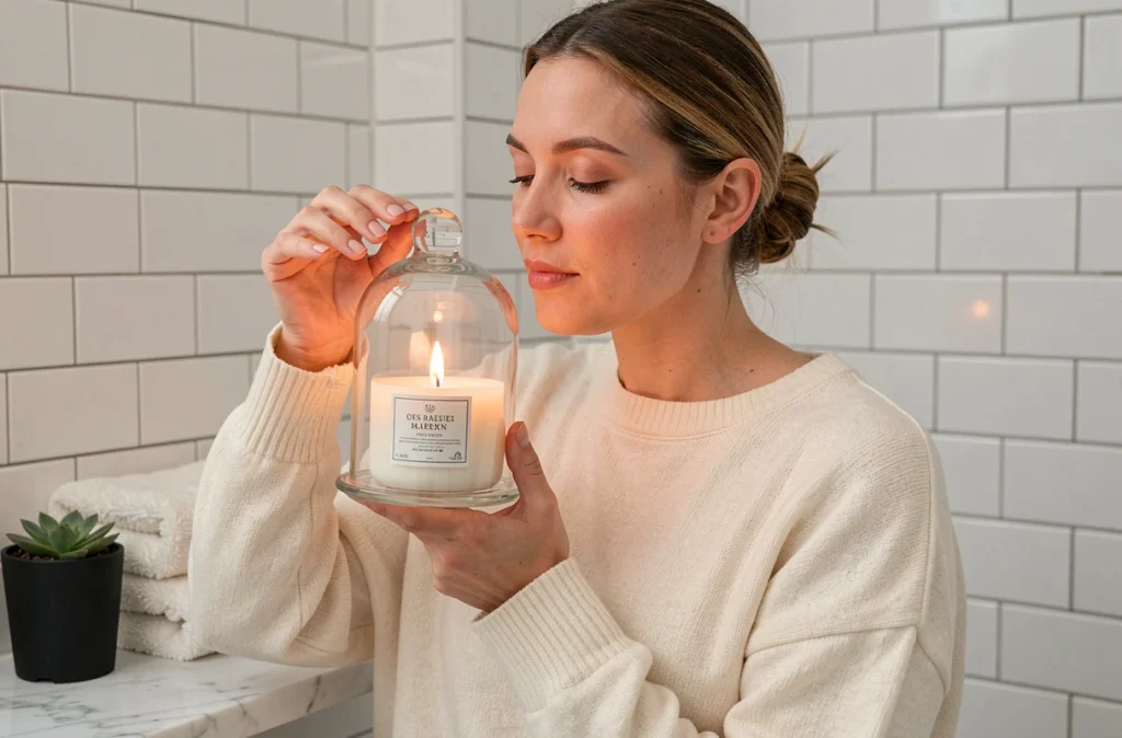 Femme comparant l'odeur d'une bougie parfumée à une bougie LED sans flamme dans une salle de bain épurée
