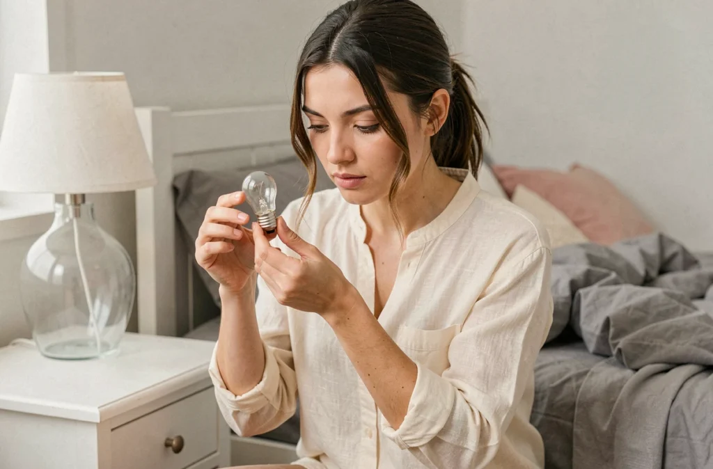 Femme inspectant un culot de petite ampoule E14 en forme de bougie près d'une lampe de chevet dans une chambre scandinave