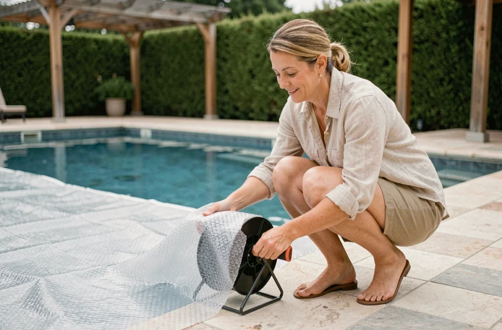 Femme déployant une couverture solaire à bulles sur le bord d'une piscine privée