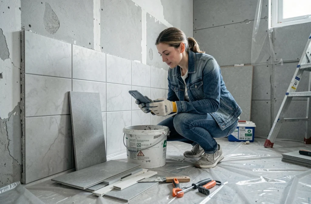 Femme bricolant en sécurité dans une salle de bain en rénovation avec équipements de protection