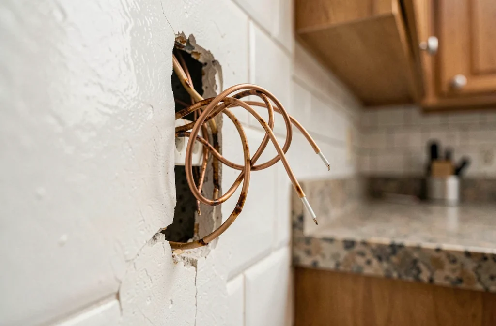 Gros plan sur des fils électriques de section insuffisante avec traces de surchauffe derrière une prise murale démontée