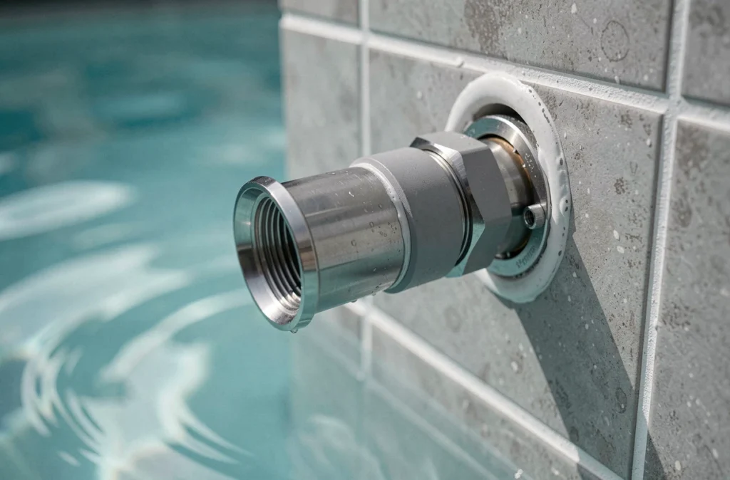 Gros plan sur l'installation d'une buse de nage à contre-courant en inox dans un mur de piscine carrelé